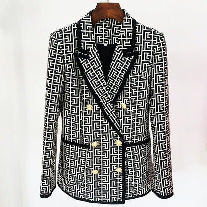 European ladies Spring High Street Classic Featured Fabric Geometric Texture Patchwork Jacket Lion Head Buckle Notched Blazer