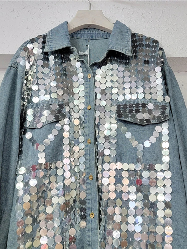 Women's Denim Shirt Loose Patchwork Full Sequins Single Breasted Blue Long Sleeve Blouse  Summer New Fashion