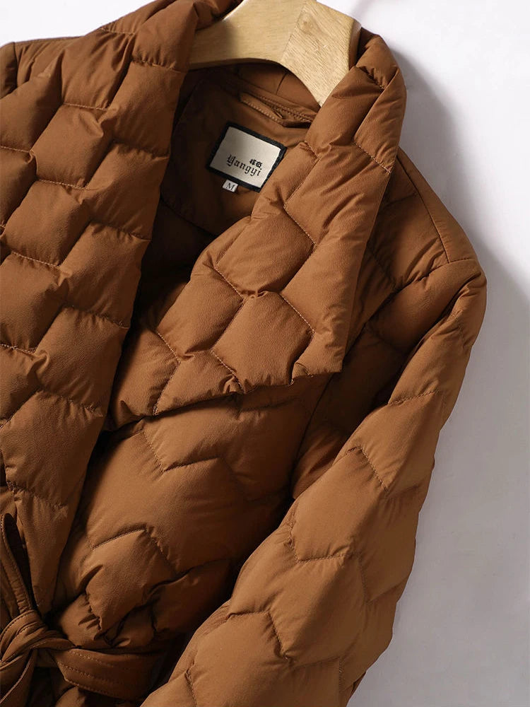 Winter New Lightweight Down Jacket with Belt Women Elegant Tie Belt Long Cotton White Duck Down Parka Female Ladies Jackets