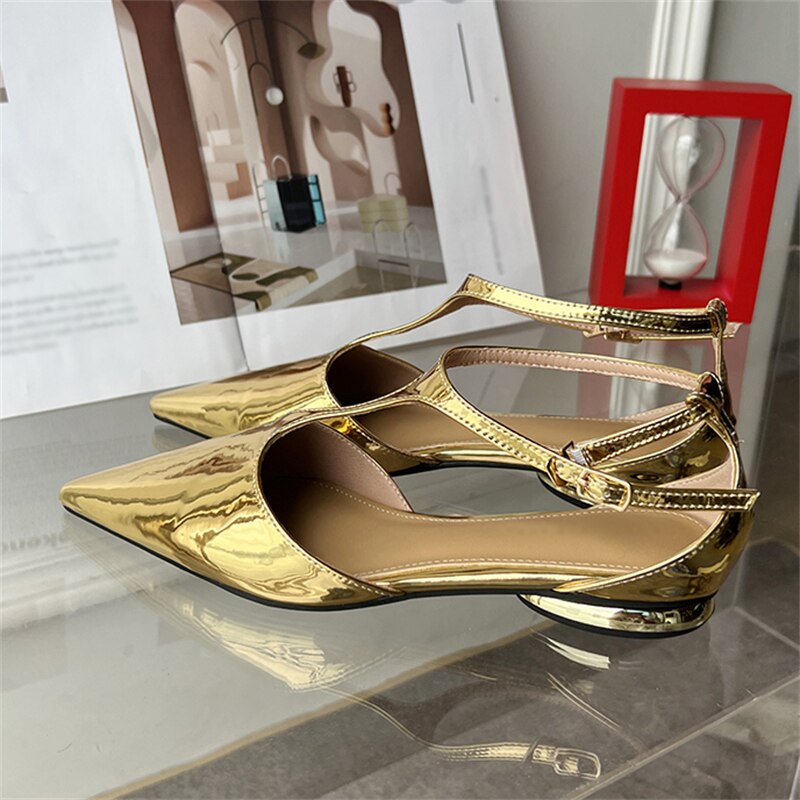 Eilyken Women New Fashion Pumps Pointed Toe Gold Ladies Elegant Dress Slingback Low Heel Mary Jane Mules Shoes Zapatos Mujer