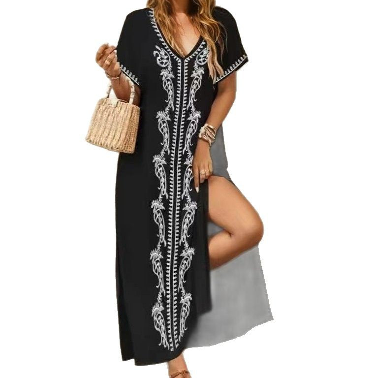 Ladies Beach Cover-Up Vintage Embroidered Rayon Long Dress Loose Maxi Dress