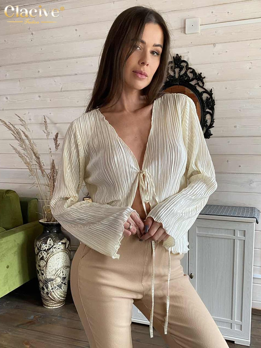 Clacive Sexy White Lace-Up Women'S Shirt Summer Bodycon Long Sleeve Blouses Ladies Fashion Pleated Top Female Clothing