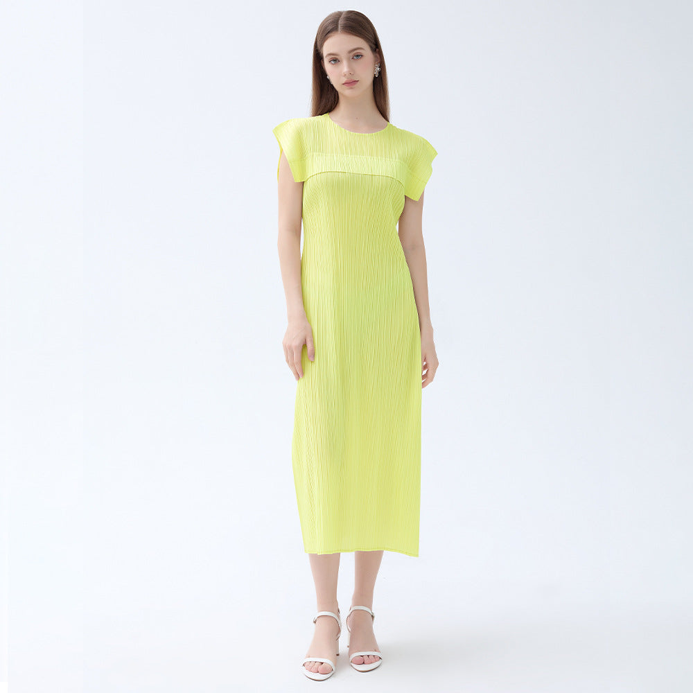 Ladies summer simple loose sleeveless pleated waistcoat round neck mid-length dress