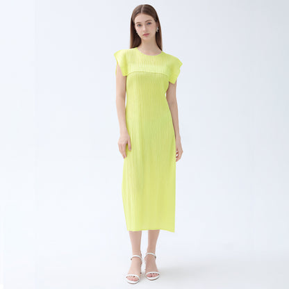 Ladies summer simple loose sleeveless pleated waistcoat round neck mid-length dress