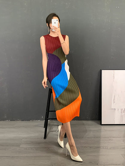 Color Block Pleated Sleeveless Dress For Women Summer Slim Fit Round Neck Mid Length Ladies Elegant Clothing