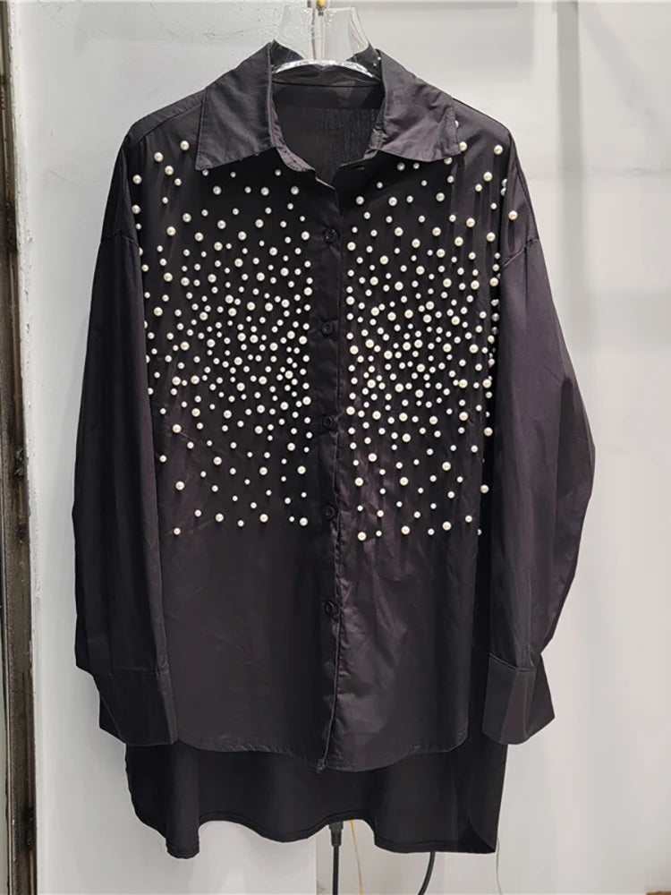 Women's Denim Shirt Loose Solid Color Full Pearls Single Breasted Female Causal Blouse Summer New Fashion