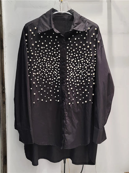 Women's Denim Shirt Loose Solid Color Full Pearls Single Breasted Female Causal Blouse Summer New Fashion