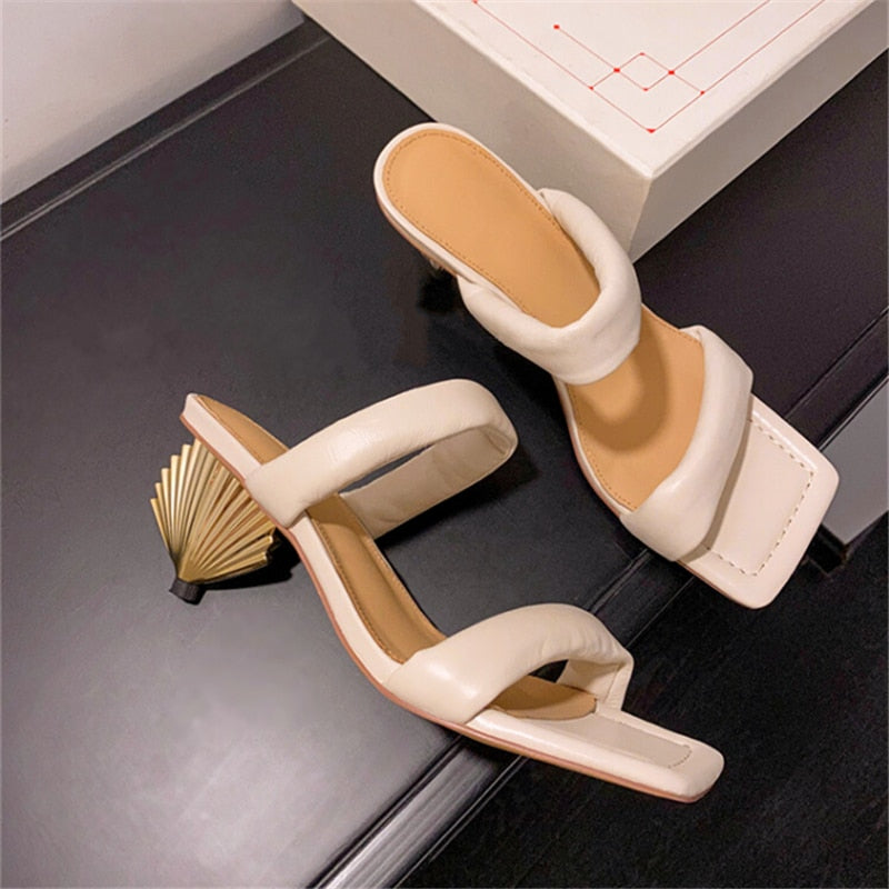 Metal Scalloped Heel Design Ladies High Heel Slippers Square toe Monster Heel Slippers Fashion Summer Party Slippers