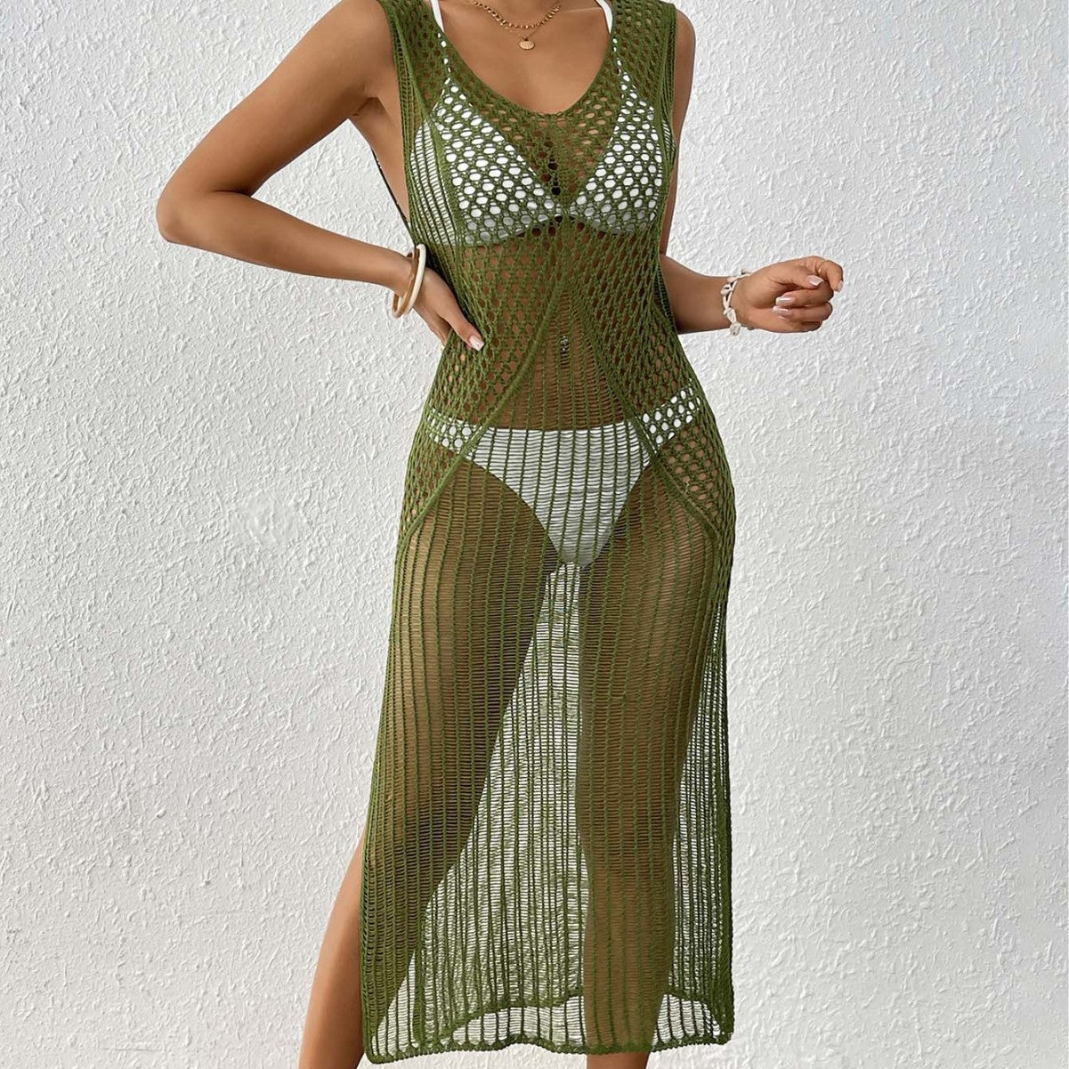Ladies' Vacation Beach Dress, Hollow Knit Sleeveless Maxi Dress