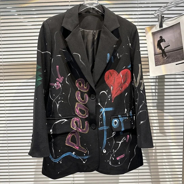 Spring Summer New Fashion Trend Blazer Lapel Single-breasted Printing Temperament Loose Coat Women