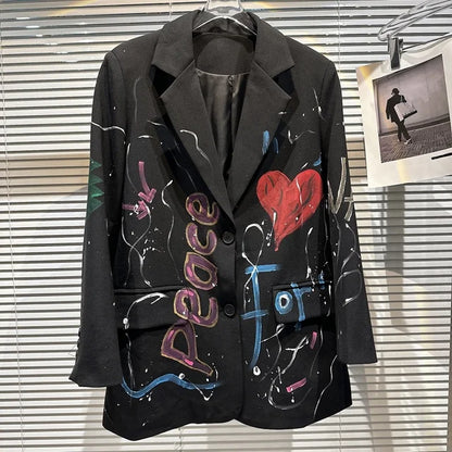Spring Summer New Fashion Trend Blazer Lapel Single-breasted Printing Temperament Loose Coat Women