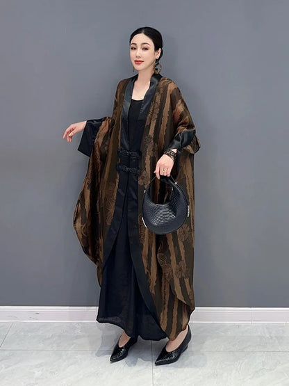 Fashion Printed Dress For Women V-neck Dial Buckle Batwing Sleeve Patchwork Loose Vestido Summer New Tide