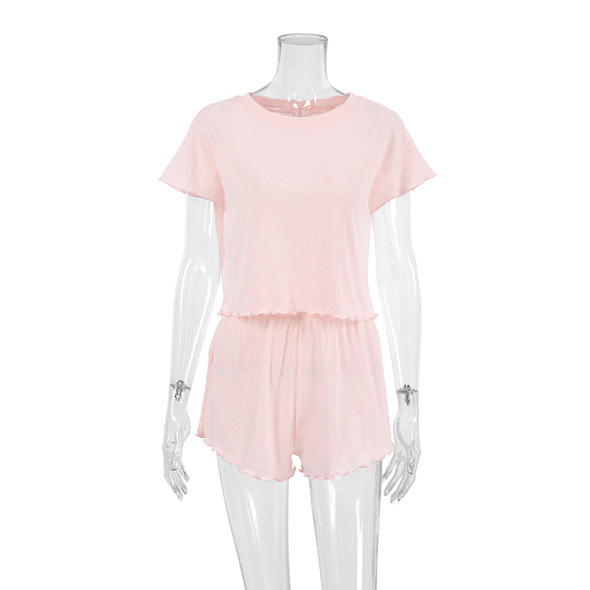 Ladies' Knitted Blend Breathable Soft Short Sleeve ampShorts Two-Piece Set, Elastic Home Wear for Spring and Summer