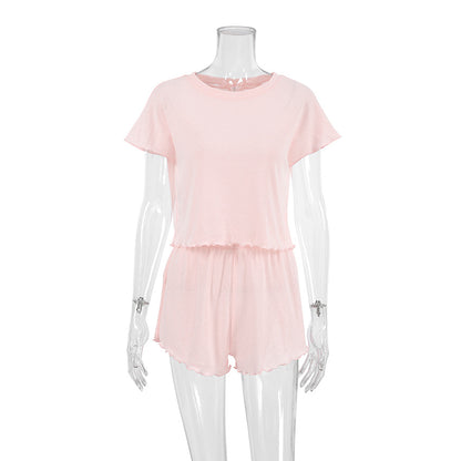 Ladies' Knitted Blend Breathable Soft Short Sleeve ampShorts Two-Piece Set, Elastic Home Wear for Spring and Summer
