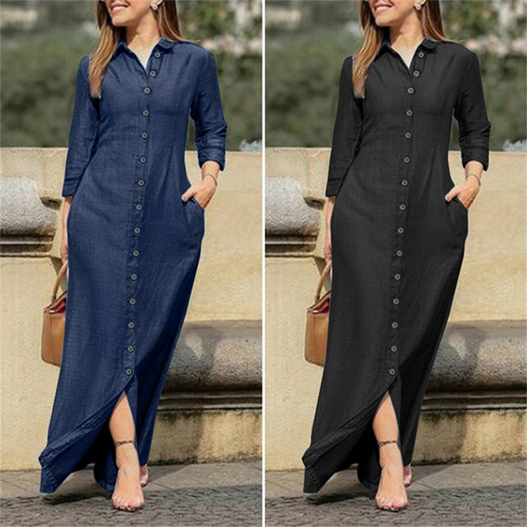 European And American Denim Dress New Shirt Collar Denim Button Dress For Ladies