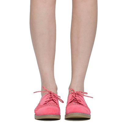 SOBEYO Women's Embroidered Flower Lace Up Oxford Flats Pink