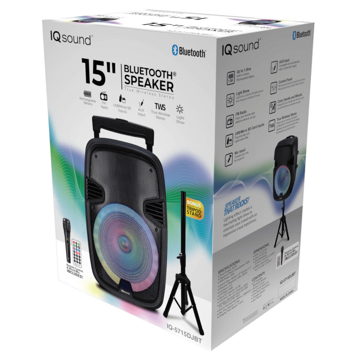 IQ Sound 15" Portable Bluetooth Speaker with True Wireless Stereo &