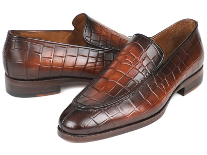 Paul Parkman Brown Burnished Crocodile Embossed Calfskin Loafer
