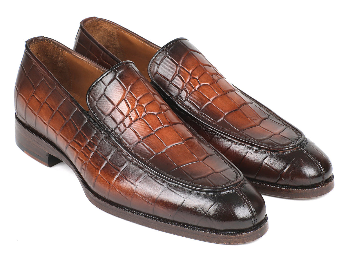 Paul Parkman Brown Burnished Crocodile Embossed Calfskin Loafer