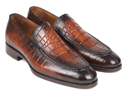 Paul Parkman Brown Burnished Crocodile Embossed Calfskin Loafer
