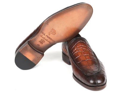 Paul Parkman Brown Burnished Crocodile Embossed Calfskin Loafer