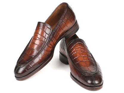 Paul Parkman Brown Burnished Crocodile Embossed Calfskin Loafer