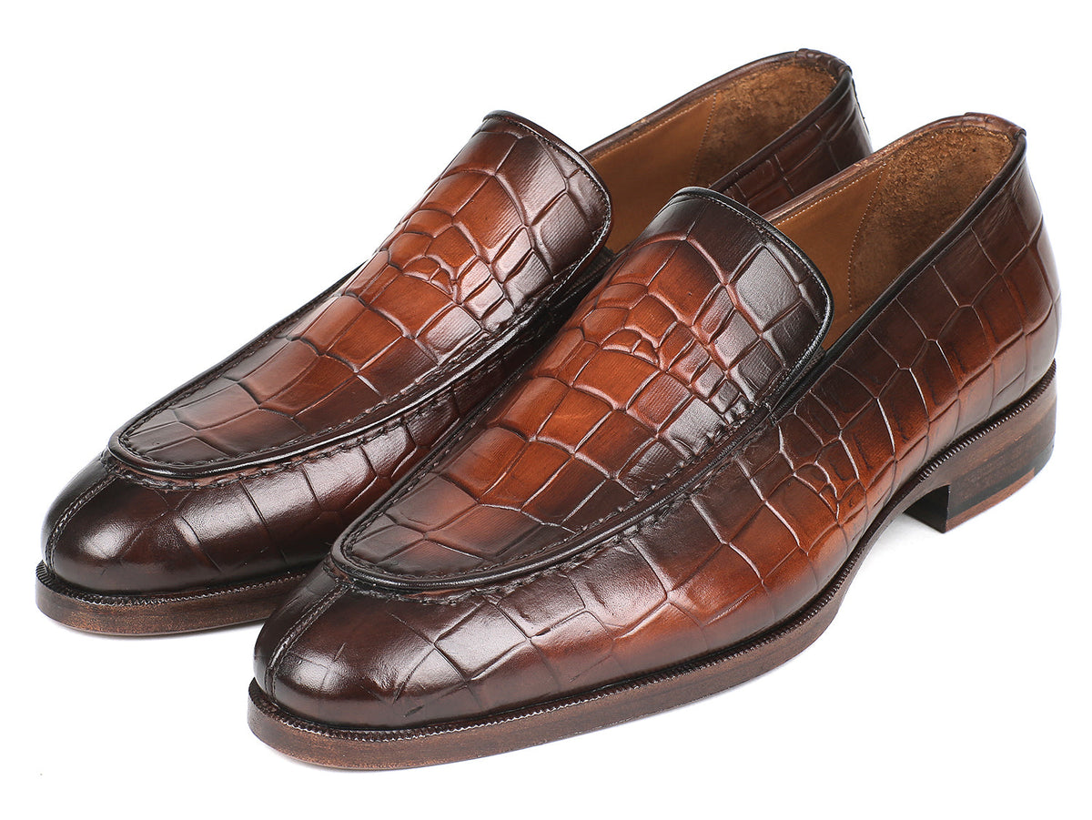 Paul Parkman Brown Burnished Crocodile Embossed Calfskin Loafer