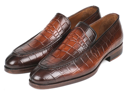 Paul Parkman Brown Burnished Crocodile Embossed Calfskin Loafer