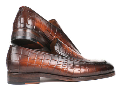 Paul Parkman Brown Burnished Crocodile Embossed Calfskin Loafer
