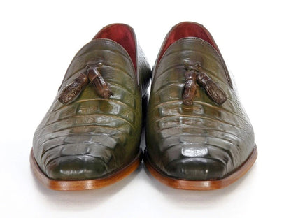 Paul Parkman Men's Green Crocodile Embossed Calfskin Tassel Loafer