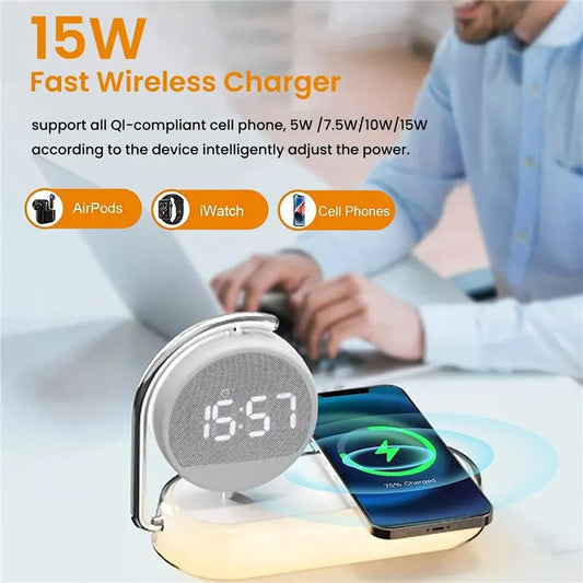 Multifunction Wireless Charger Pad Stand Clock LED Desk Table Lamp