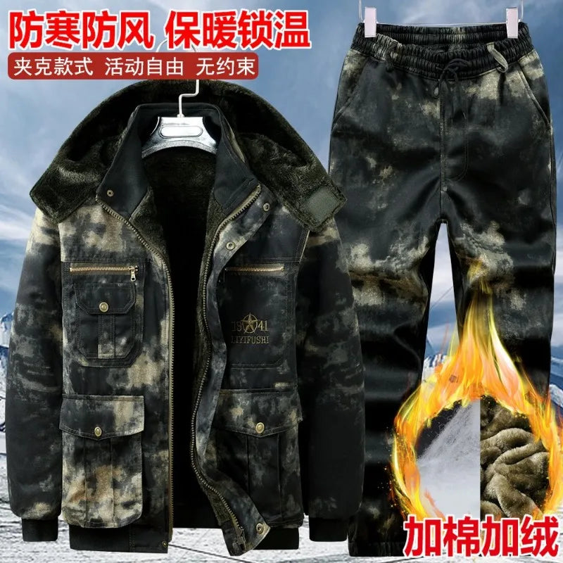 Men Winter Fleece Lined Camouflage Work Suit Thick Windproof Cold
