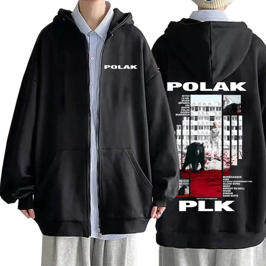 Rapper Plk Polak Print Zipper Hoodie Man Vintage Casual Oversized