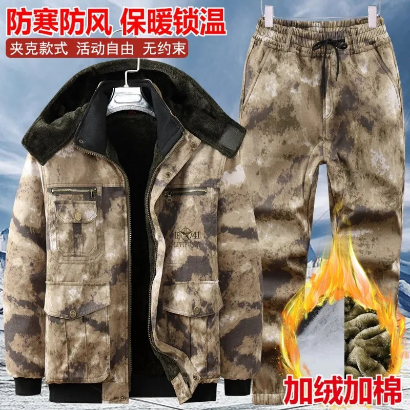 Men Winter Fleece Lined Camouflage Work Suit Thick Windproof Cold