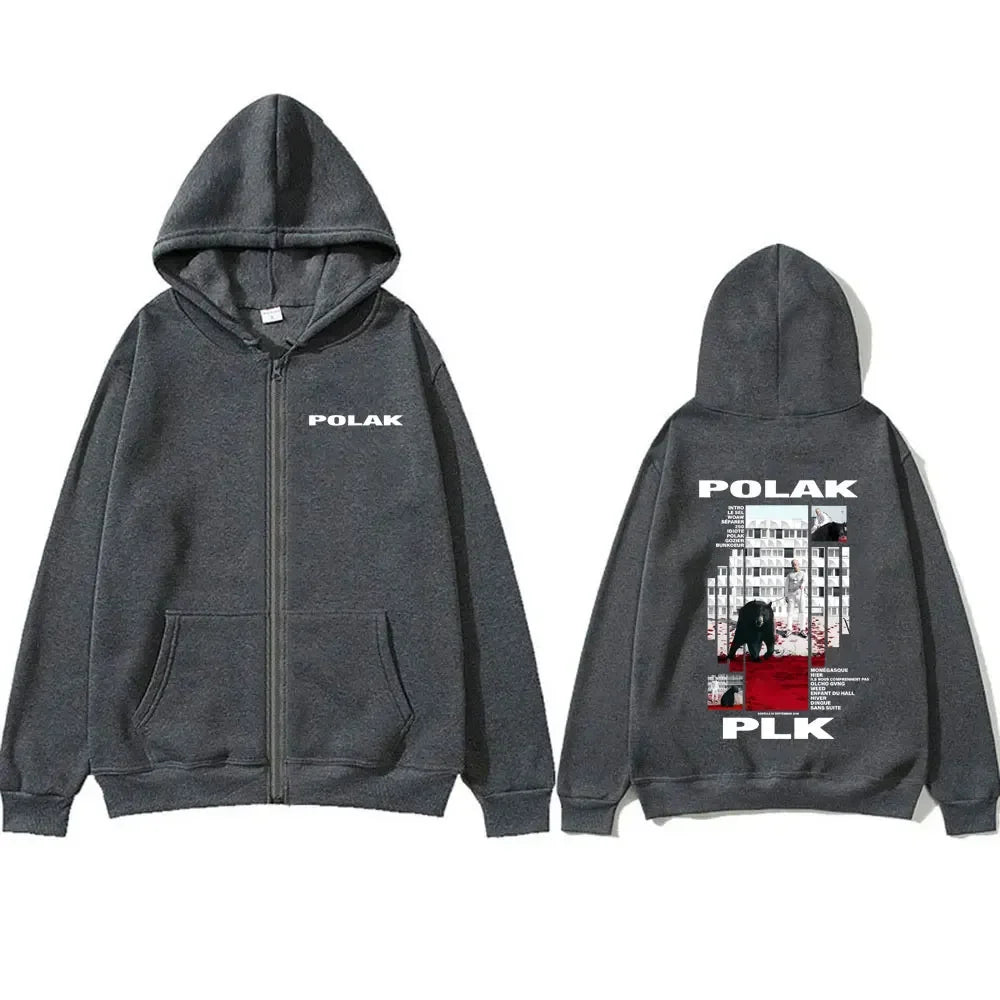 Rapper Plk Polak Print Zipper Hoodie Man Vintage Casual Oversized