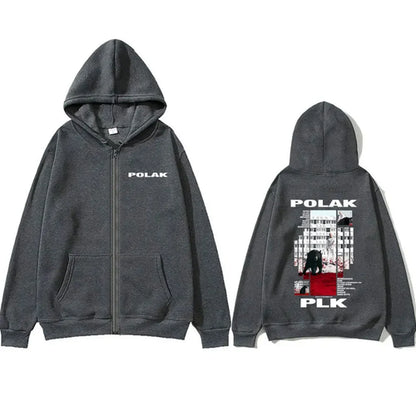 Rapper Plk Polak Print Zipper Hoodie Man Vintage Casual Oversized