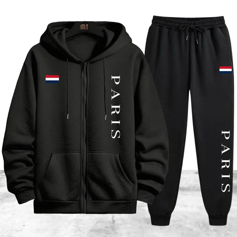 Paris Printing Men's Tracksuit Casual Zip Hooded Sweatshirts Coat