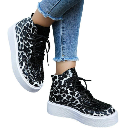 Autumn New High-top Leopard Print Flat-heeled Platform Lace Color
