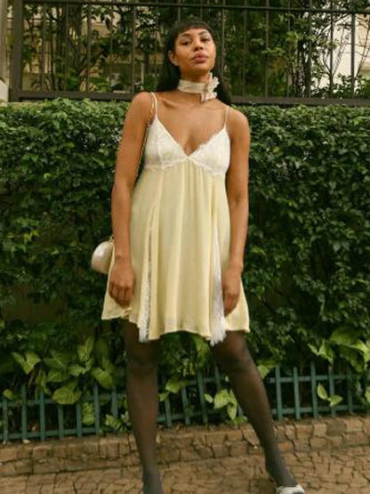 Yellow Satin Lace Patchwork Dress Women Casual Solid Spaghetti Strap Backless Long Dresses 2026 Summer Lady Holiday Vestido New