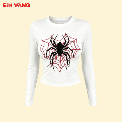 American Spider Red Spider Web Print Long-Sleeved T-Shirt for Women - Round Neck Tight Short Sleeve Low-Waist Stretch T-Shirt