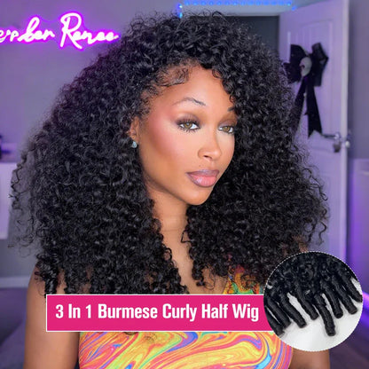 300 Density Burmese Curly Human Hair Wigs For Women 4C Afro Kinky Culry 3 IN 1 Half Wigs Human Hair Wigs 100% Human Hair On Sale