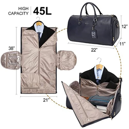 Women Convertible Leather Garment Bag with Shoulder Strap, PU Leather Garment Duffel Bag Carry on 2 in 1 Hanging Suitcase Suit
