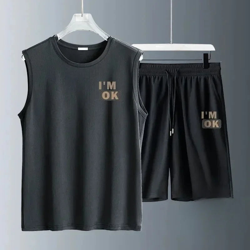 Men's Fashion Breathable Fitness Basketball Sports Quick-Drying 2-Piece Set, Sleeveless T-Shirt & Jogging Shorts