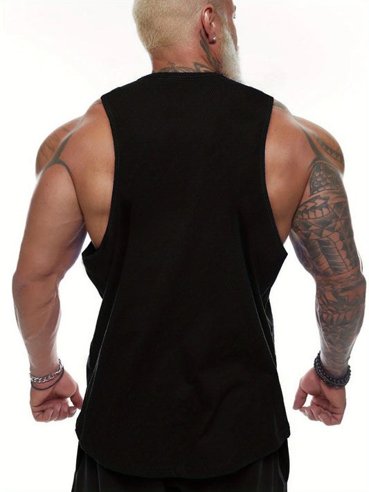 Muscle Lion Barbell Print Men's Sports Tank Top - Summer Sportswear, Round Neck, Machine Washable, Regular Fit