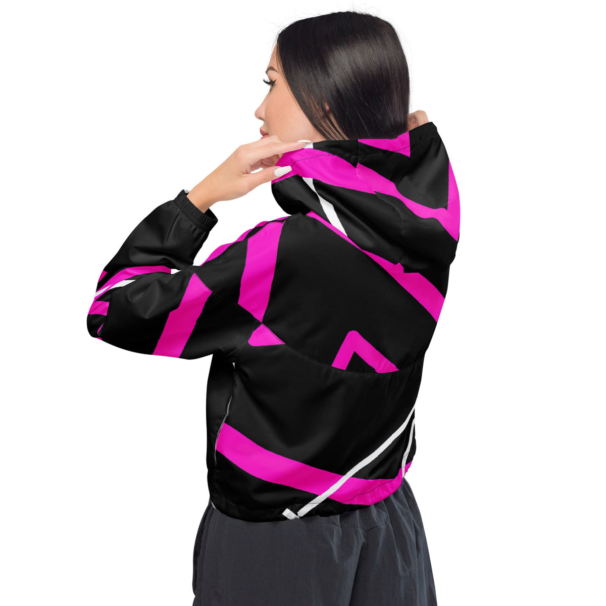Womens Cropped Windbreaker Jacket - Black and Pink Pattern