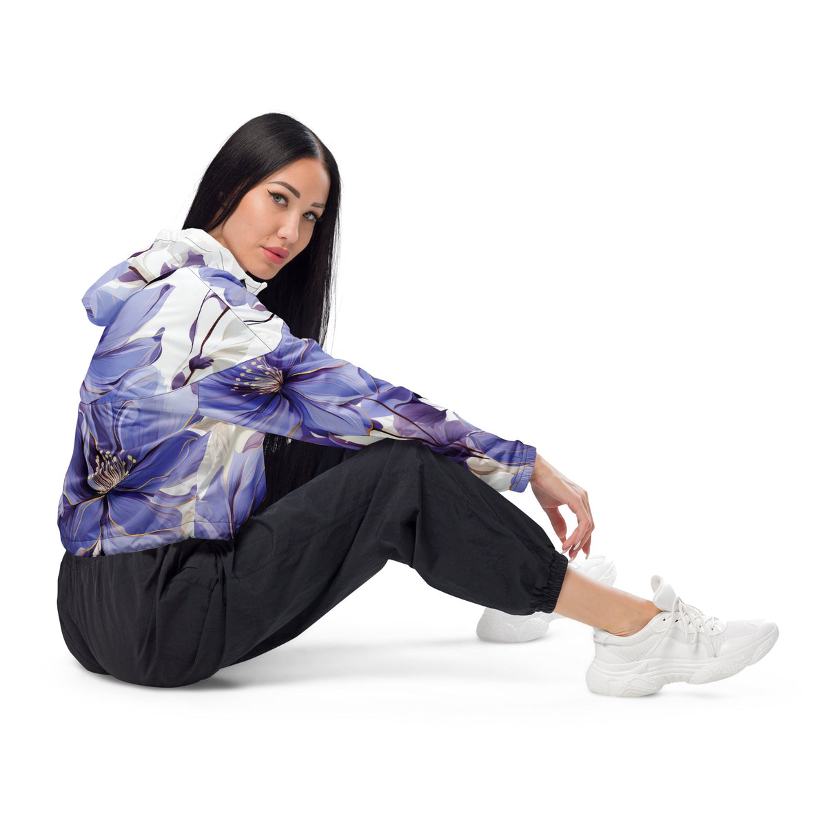 Womens Cropped Windbreaker Jacket - Purple Botanical Blooms