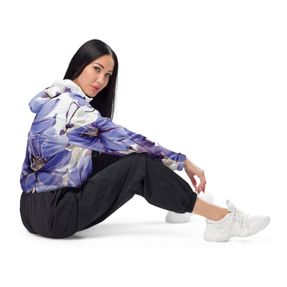Womens Cropped Windbreaker Jacket - Purple Botanical Blooms