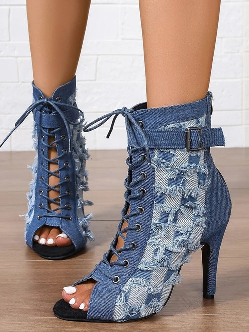 Distressed Denim Lace-Up Peep Toe Ankle Boots