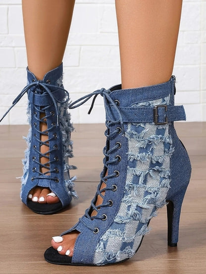 Distressed Denim Lace-Up Peep Toe Ankle Boots