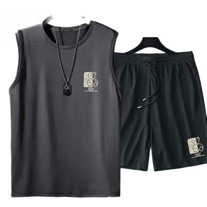 Men's Fashion Breathable Fitness Basketball Sports Quick-Drying 2-Piece Set, Sleeveless T-Shirt & Jogging Shorts